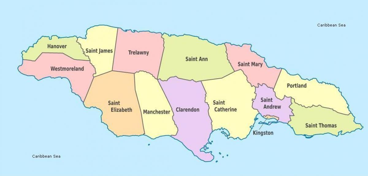 një hartë e xhamajkës me parishes dhe kryeqytetet